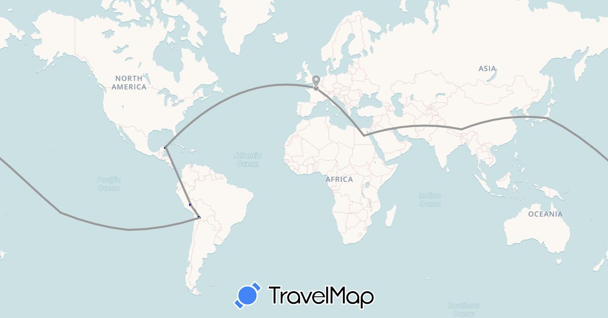 TravelMap itinerary: driving, plane in Bolivia, Chile, China, Egypt, France, Japan, Mexico, Peru, French Polynesia (Africa, Asia, Europe, North America, Oceania, South America)